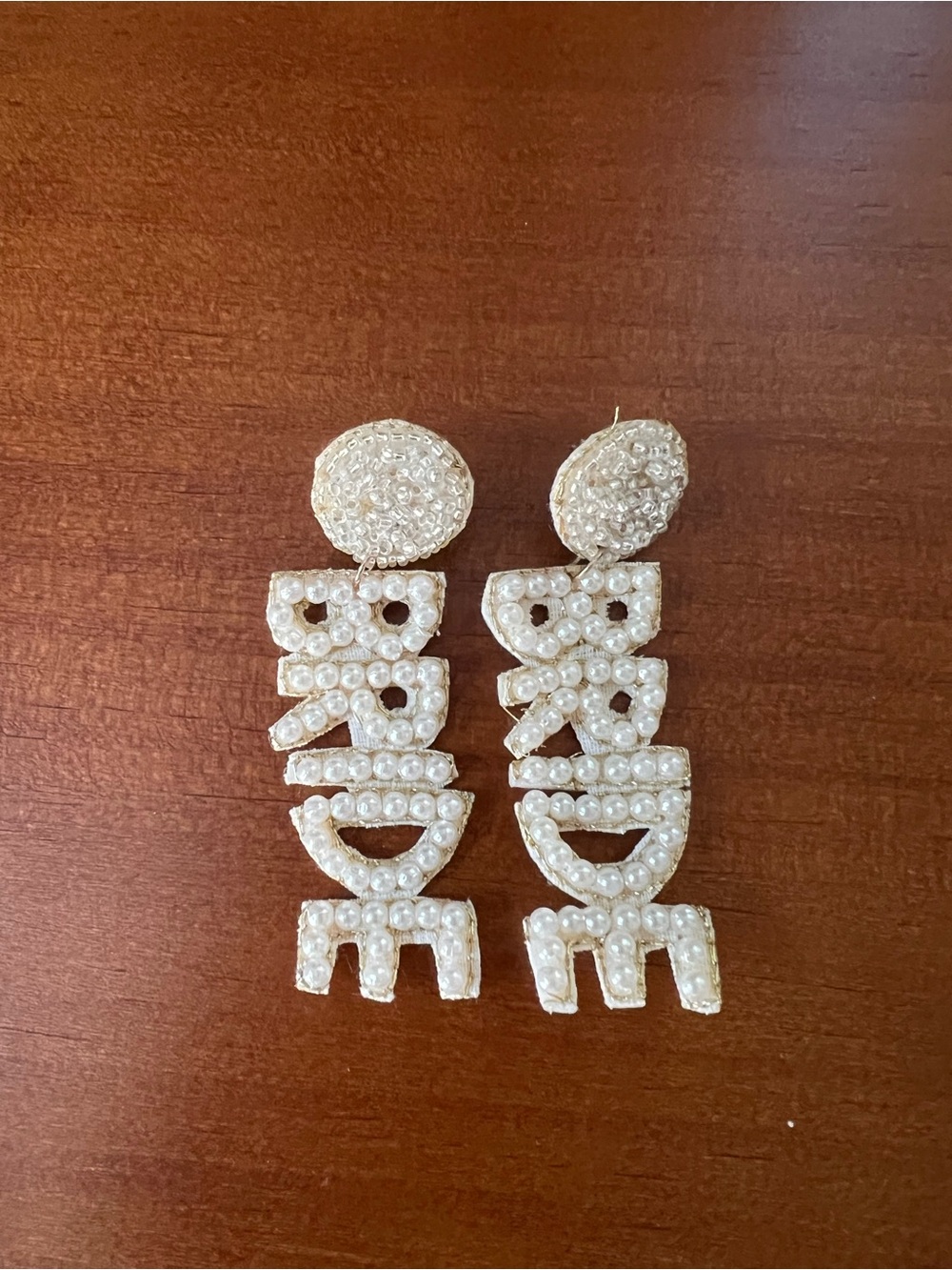 Pearl-Embellished 'BRIDE' Drop Earrings - White